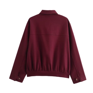 Burgundy lapel jacket with elastic hem and button cuffs shown from the back view