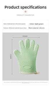 Macro detail of heat-resistant silicone glove with non-slip texture and sizing specs