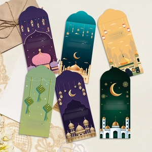 Set of 6 colorful Eid Mubarak envelopes with mosque and crescent patterns for Ramadan