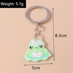 Detailed view of frog acrylic keychain showing weight 5.7g and 8.3cm total height dimensions