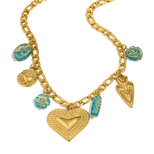 Collier vintage en acier inoxydable plaqué or 18K avec pendentif cœur et perles bleues