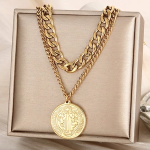 Stainless Steel Double Layer Necklace Saint Benedict Medal Coin Pendant Retro Cuban Thick Chain Punk Hip Hop Women Jewelry