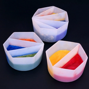 Silicone split cups for resin pouring with 2, 4, and 5 compartments on black background