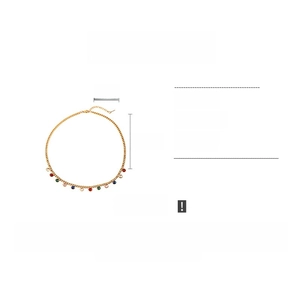 Detailed view of a gold stainless steel necklace with multi-colored round gemstones and sizing