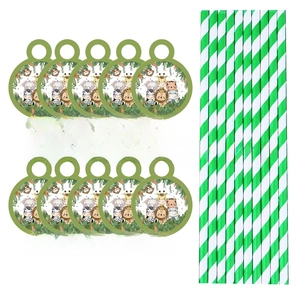 Close-up of jungle animal party theme straws and decorative paper cards for kids birthday