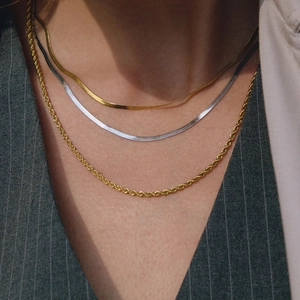 Layered Necklace For Women Stainless Steel Waterproof Hypoallergenic Two Tone Gold Silver Flat Snake Rope Chain Jewelry