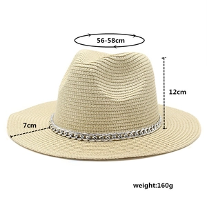Close-up of beige straw Panama hat with silver chain detail and 56-58cm size specifications
