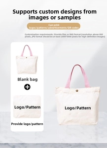 Close-up of cream canvas tote bag showing the bronze snap button and pink handles