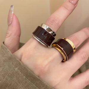 Minimalist Double Layer Wide Band Enamel Ring Copper Geometric Dripping Oil Vintage Adjustable Open Finger Ring For Women