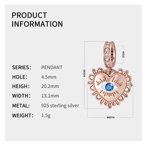 Detailed product specifications for rose gold S925 sterling silver evil eye heart pendant