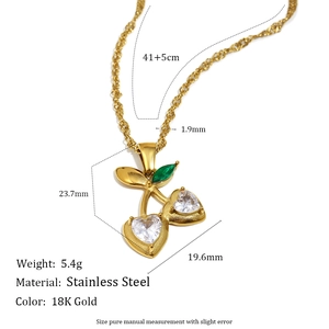 18K gold plated stainless steel cherry necklace with white heart stones and green leaf