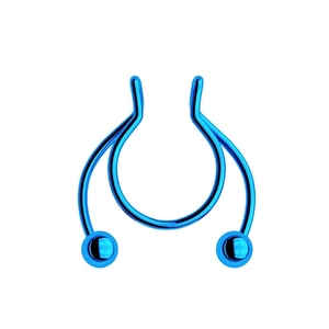 Detailed view of shiny blue stainless steel septum nose ring with double round beads