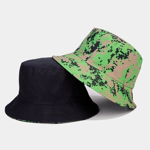 Detail of reinforced stitching on brim of black and green camouflage bucket hat
