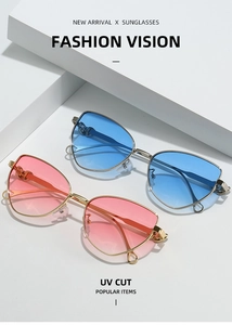 Detail of fashion cat-eye sunglasses with gradient lenses and UV protection features