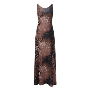 Close-up detail of leopard print fabric on a slim fit long spaghetti strap dress