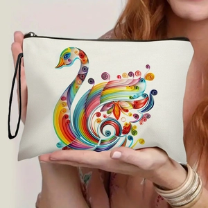 Portable cream canvas pouch with colorful quilling swan print and black zipper