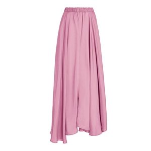 Detail of high waist elastic band and asymmetrical hem on pink purple maxi skirt