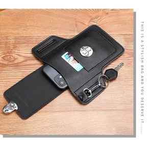 Detail view of leather belt pouch showing dedicated card slot and metal keychain hook