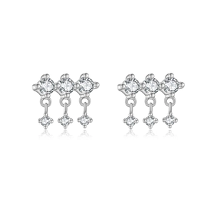 Elegant S925 sterling silver stud earrings with three-row dangling zircon stones