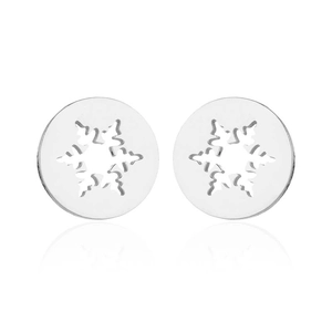 Detail of round hollow snowflake stud earrings in polished stainless steel