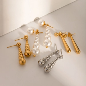 Faux Artificial Pearl Drop Earrings 18K Gold Plated Stainless Steel Long Gradient Tassel Elegant Vintage Women Fashion Jewelry