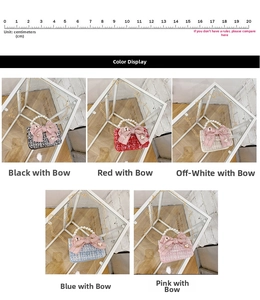 Color display of mini tweed bags with bow, pearl handles and gold chain straps