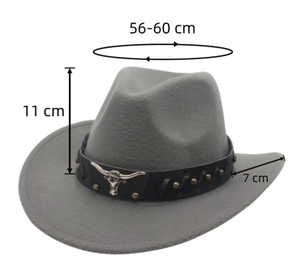 Detail of wool western cowboy hat with studded leather band and bull head ornament