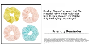Detailed size chart for colorful plaid fabric scrunchies measuring 13cm in diameter