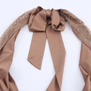 Brown satin halter top for women with large bow detail and beaded mesh trim decor