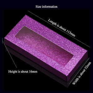 Glitter purple eyelash packaging box with size dimensions and clear display window