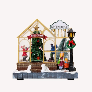 Lighted musical Christmas greenhouse house ornament with hand-painted resin details