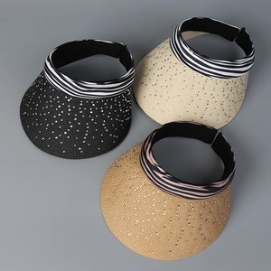 Women Rhinestone Paper Straw Sun Visor Hat Zebra Print Headband Open Top Summer Beach Fashion Elegant