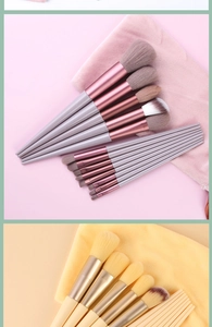 Detailed comparison of lavender and beige makeup brush sets with soft synthetic bristles