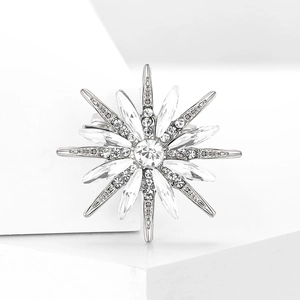 Macro shot of silver eight-pointed star brooch with sparkling clear crystals
