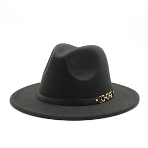 Classic Fedora Hat Wide Brim Wool Felt With Black Belt Gold Chain Buckle Vintage Unisex Jazz Style Elegant Hat