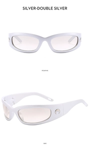 Detail of silver Y2K futuristic sunglasses showing the side logo and metallic finish
