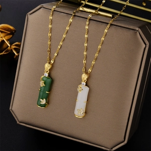 Bamboo Pendant Necklace Titanium Steel Gold Plated Faux Jade Stone Rhinestone Minimalist Jewelry For Women