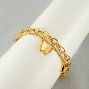 Double-layered 18k gold plated butterfly charm bracelet with thick and thin link chains