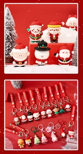Close-up of PVC Christmas snowmen and reindeer keychains with Merry Christmas lanyards