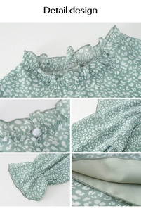 Detail shots of light green floral shirt with ruffle collar, buttons and trumpet cuffs