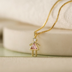 Mini girl pendant necklace with pink triangle stone and gold box chain for women
