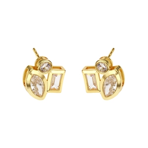 Geometric 18K gold plated stud earrings with marquise and baguette cut clear crystals