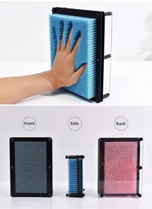 Detailed views of 3D clone pin art toy in blue and pink showing front, side, and back angles