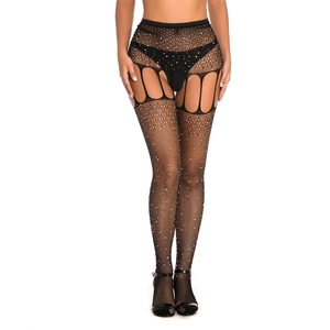 Sexy black hollow mesh tights with rhinestones and garter style design for women