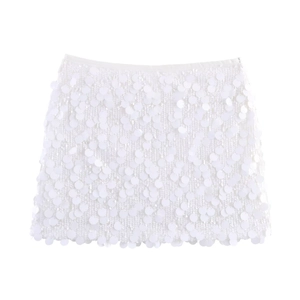 Detailed view of white sequin mini skirt showing intricate round sequin sewing craftsmanship