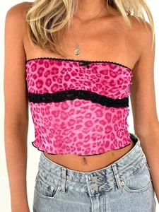 Pink leopard print tube top with black lace trim and bow for a slim fit sexy look