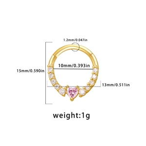 Detailed dimensions of gold heart-shaped piercing hoop with pink stone and 10mm inner diameter