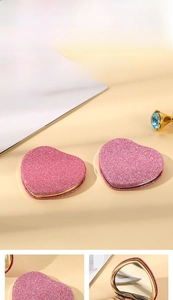 Pink glitter heart-shaped double-sided compact makeup mirror with gold metal edge trim