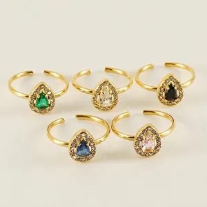 Adjustable 18K gold stainless steel open rings with colorful pear-cut zircon stones
