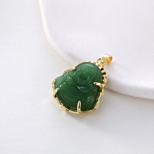Elegant emerald green Buddha pendant with gold plated metal border for women